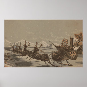 Vintage Santa and His Reindeer Illustration (1880) Poster