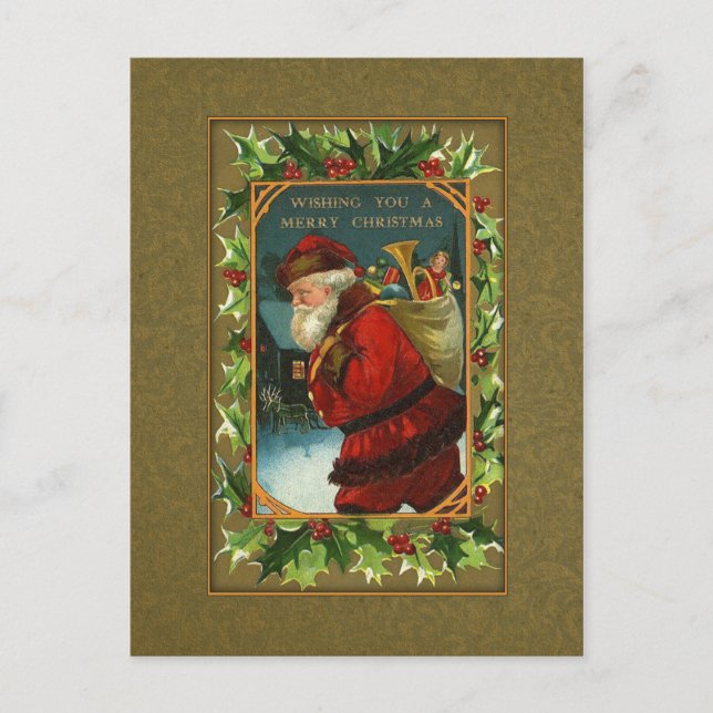Vintage Santa and Holly Christmas Postcard (Front)