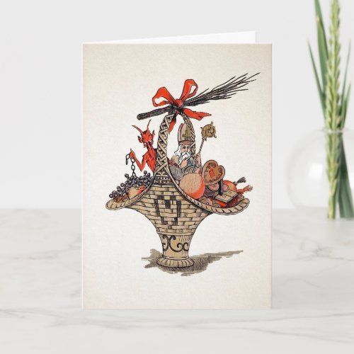 Vintage Santa and Krampus Basket Christmas Card