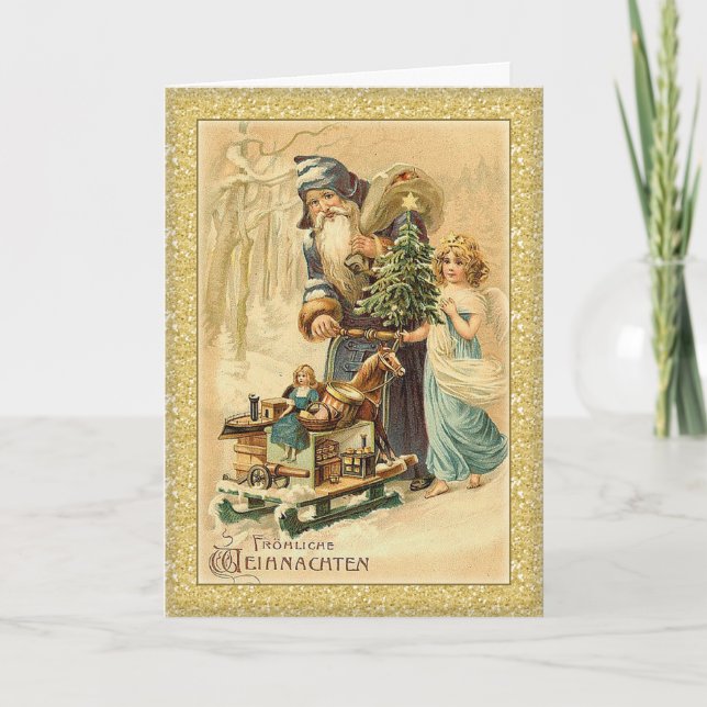 Vintage Santa and little girl German Christmas Holiday Card (Front)