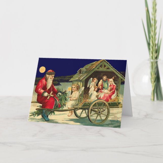 Vintage Santa and nativity scene Holiday Card (Front)