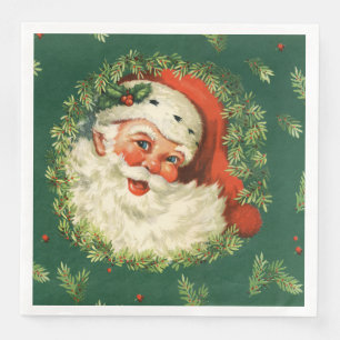 Vintage Santa and Pine Wreath Dinner Paper Napkin