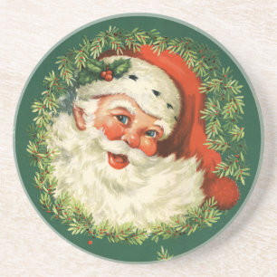Vintage Santa and Pine Wreath Sandstone Coaster
