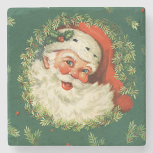 Vintage Santa and Pine Wreath Stone Coaster