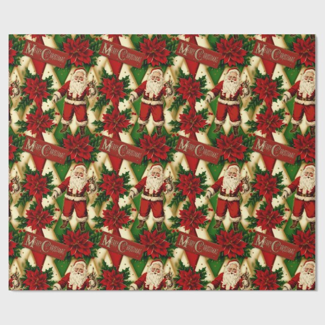 Vintage Santa and Poinsettias Collage Wrapping Paper (Flat)