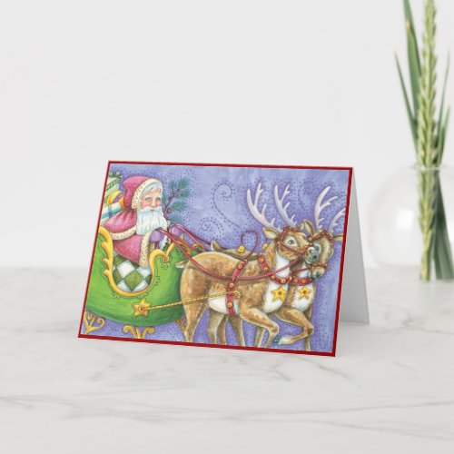 Vintage Santa and Reindeer Christmas Holiday Card