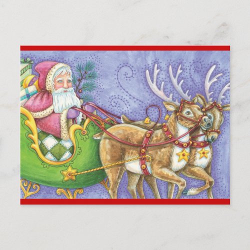 Vintage Santa and Reindeer Christmas Holiday Postcard
