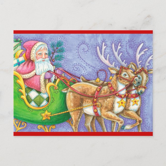 Vintage Santa and Reindeer Christmas Holiday Postcard (Front)