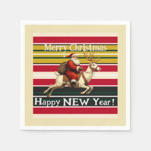 Vintage Santa And Reindeer Folded Holiday Card Napkins