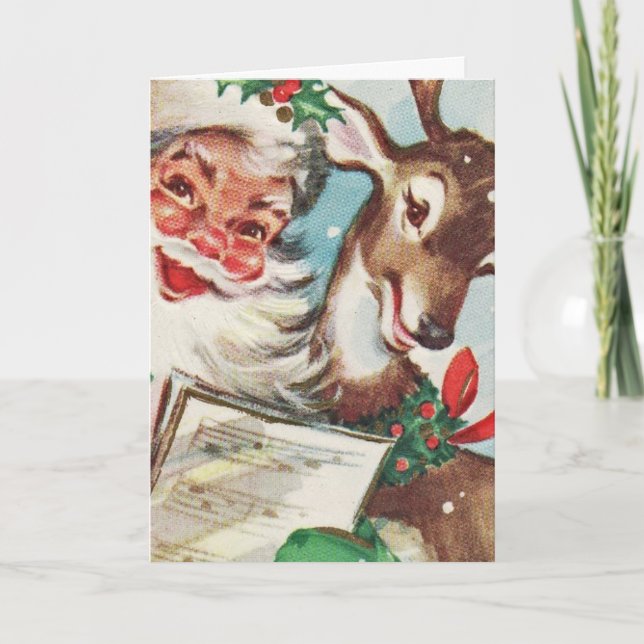 Vintage Santa and Reindeer Holiday Card (Front)