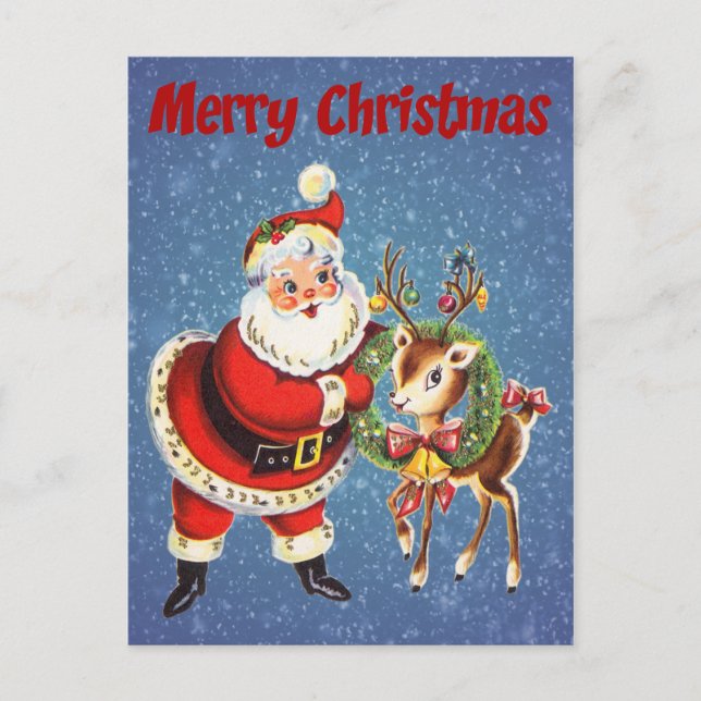 vintage santa and reindeer holiday postcard (Front)