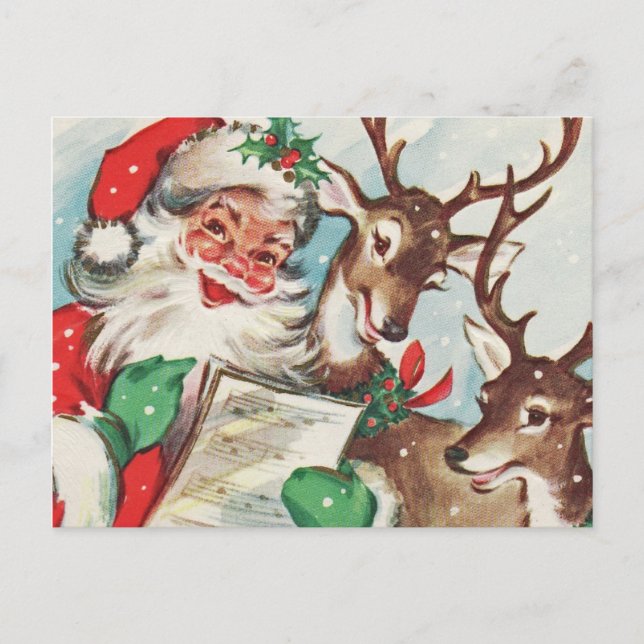 Vintage Santa and Reindeer Holiday Postcard (Front)