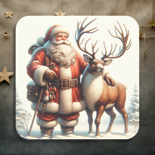 Vintage Santa and Reindeer Nostalgic Christmas Square Sticker