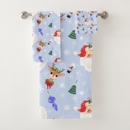 Vintage Santa And Reindeer Snowflake Pattern Bath Towel Set