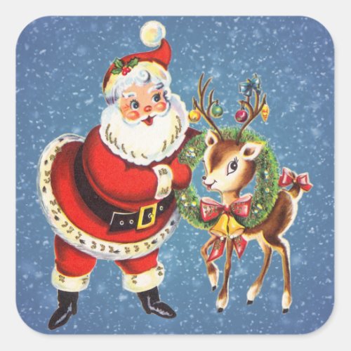 vintage santa and reindeer square sticker