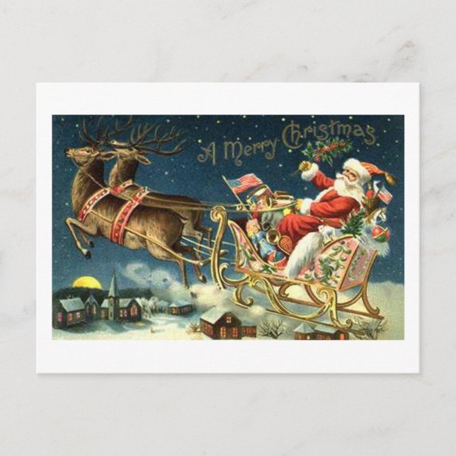 Vintage Santa and Sleigh Holiday Postcard (Front)