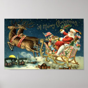 Vintage Santa and Sleigh Poster