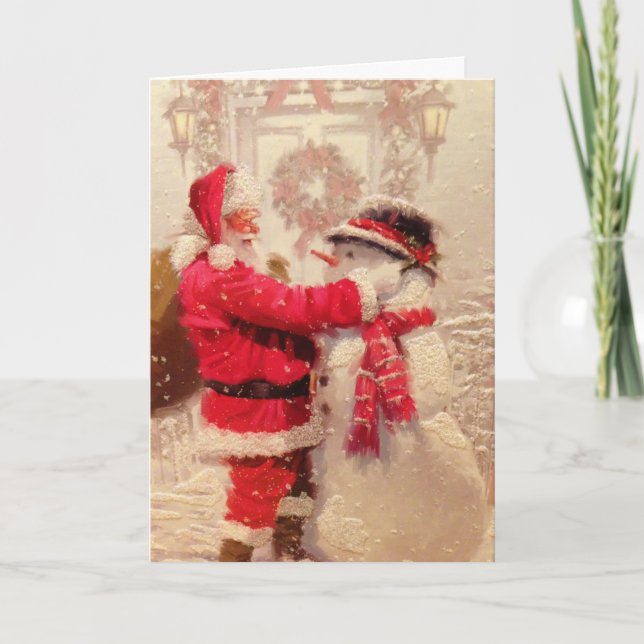 Vintage Santa and Snowman Holiday Card (Front)