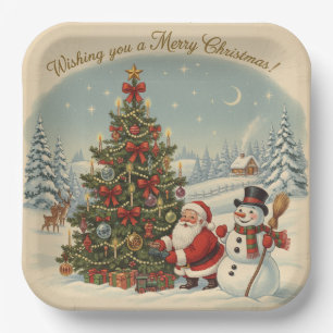 Vintage Santa and Snowman with Christmas Tree Paper Plates