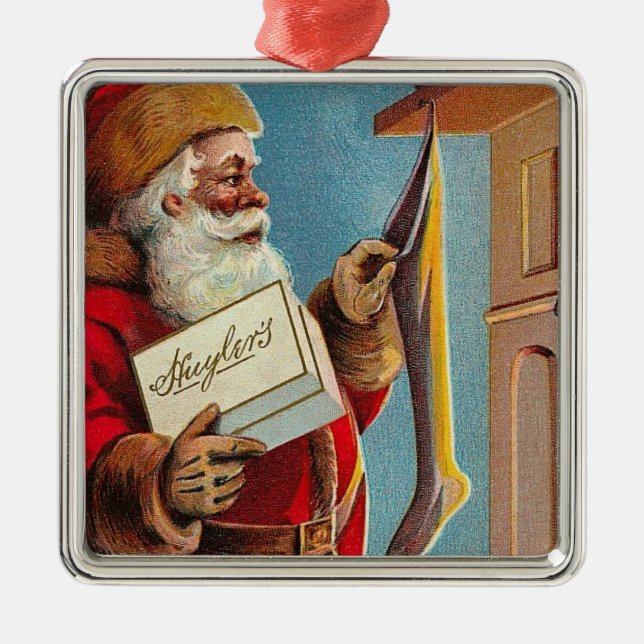 Vintage Santa And Stocking Metal Ornament (Front)