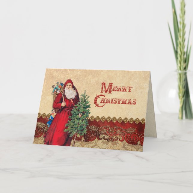 Vintage Santa and Tree Holiday Card (Front)