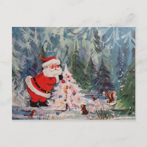 Vintage Santa and Woodland Animals Cute Retro Holiday Postcard
