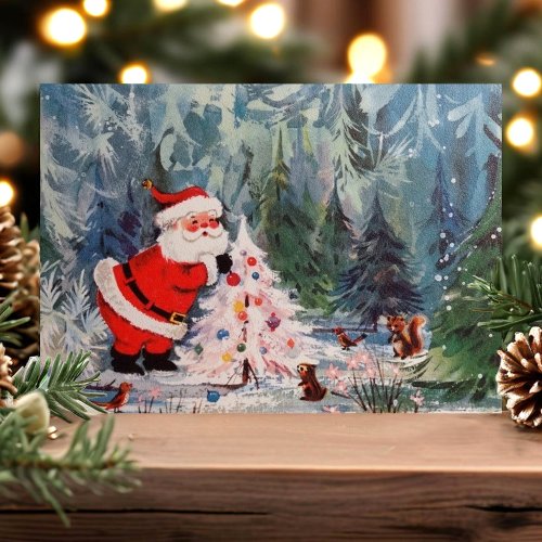 Vintage Santa and Woodland Animals Cute Retro Holiday Postcard
