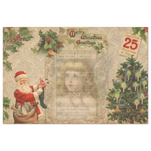 Vintage Santa Angel Holly  Music Collage  Tissue Paper