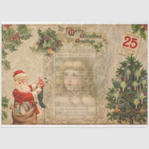 Vintage Santa, Angel, Holly & Music Collage Tissue Paper