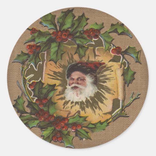 Vintage Santa Antique Holly Christmas Classic Round Sticker