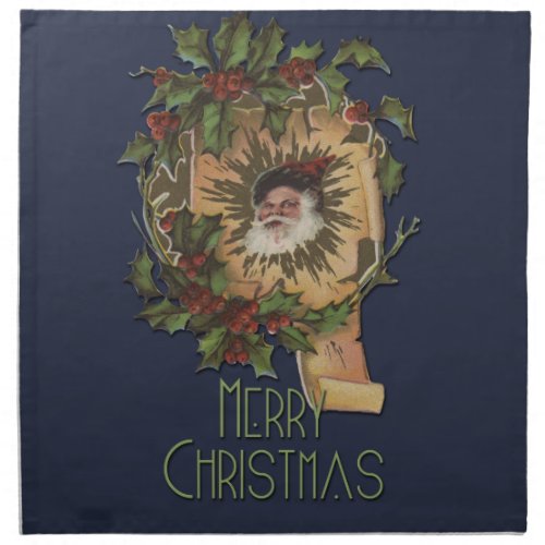 Vintage Santa Antique Holly Christmas Cloth Napkin
