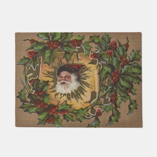 Vintage Santa Antique Holly Christmas Doormat