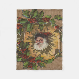 Vintage Santa Antique Holly Christmas Fleece Blanket
