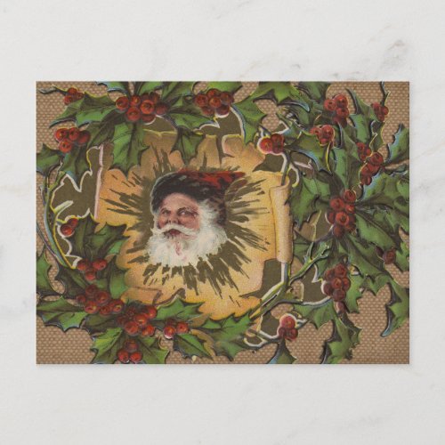 Vintage Santa Antique Holly Christmas Holiday Postcard