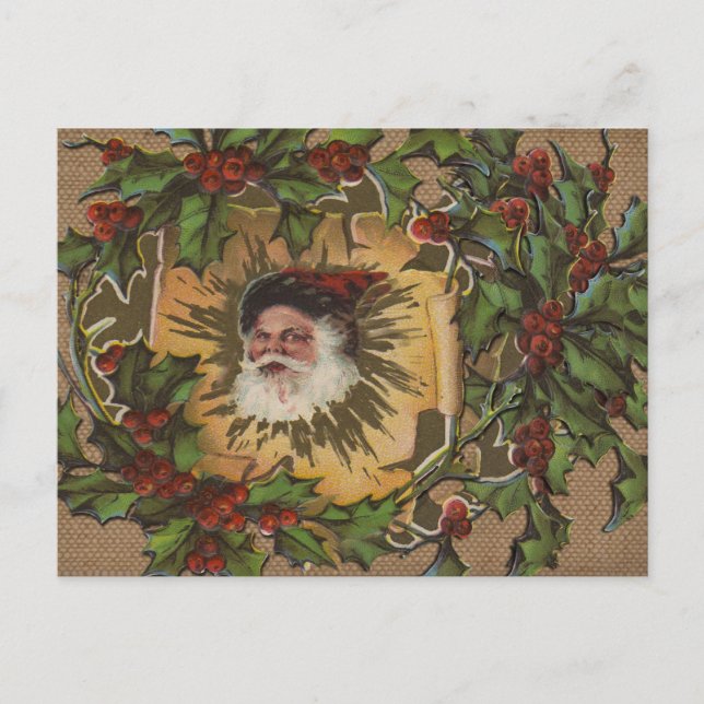 Vintage Santa Antique Holly Christmas Holiday Postcard (Front)