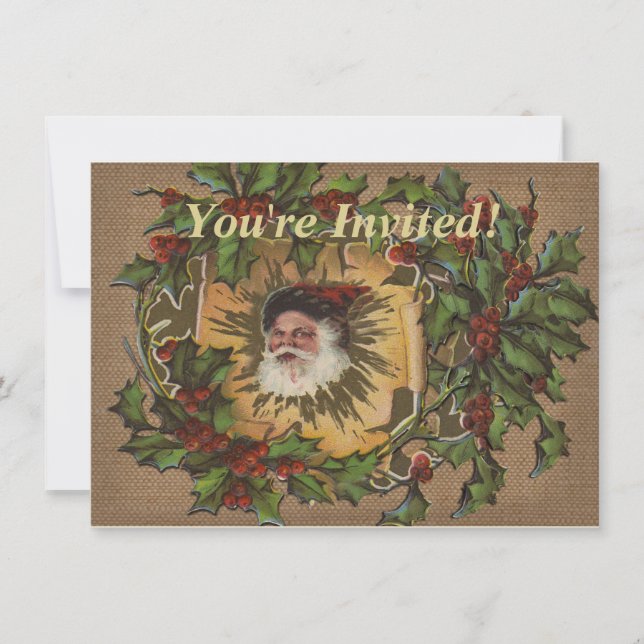 Vintage Santa Antique Holly Christmas Invitation (Front)