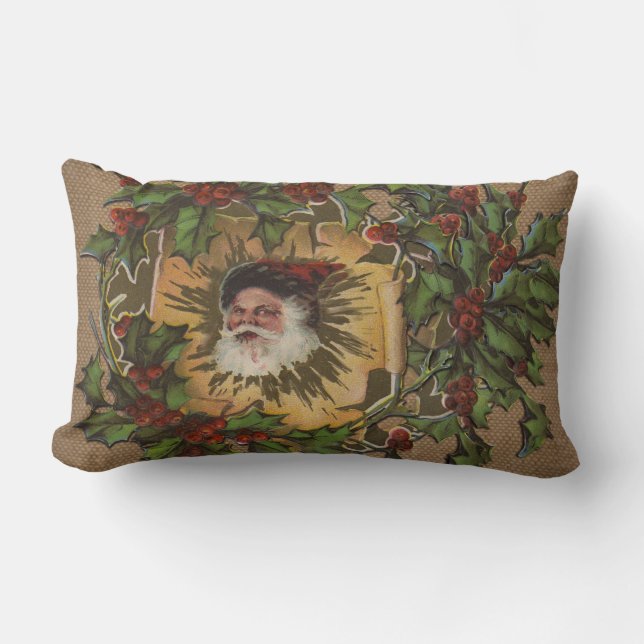 Vintage Santa Antique Holly Christmas Lumbar Pillow (Front)