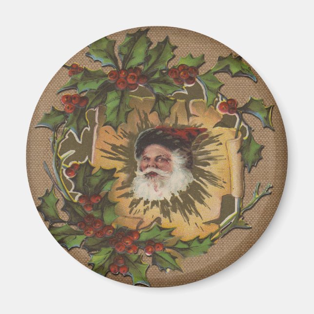 Vintage Santa Antique Holly Christmas Magnet (Front)