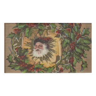 Vintage Santa Antique Holly Christmas Name Tag