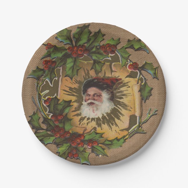 Vintage Santa Antique Holly Christmas Paper Plates (Front)