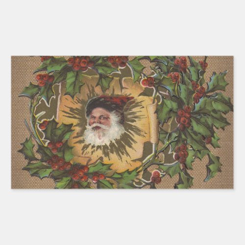 Vintage Santa Antique Holly Christmas Rectangular Sticker