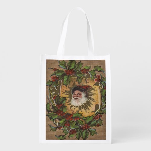 Vintage Santa Antique Holly Christmas Reusable Grocery Bag