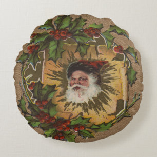 Vintage Santa Antique Holly Christmas Round Pillow
