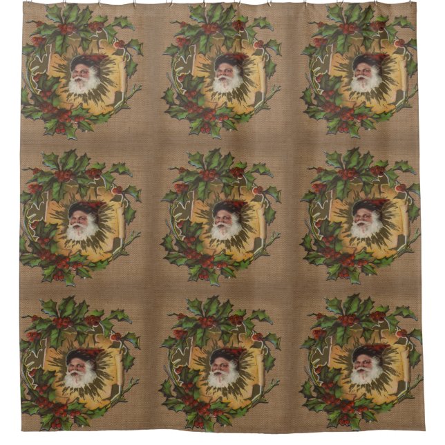 Vintage Santa Antique Holly Christmas Shower Curtain (Front)