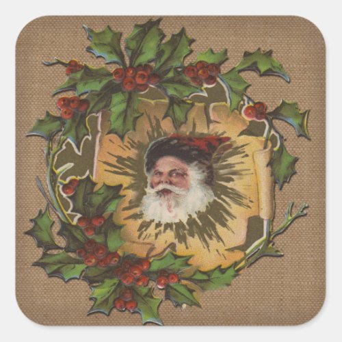 Vintage Santa Antique Holly Christmas Square Sticker