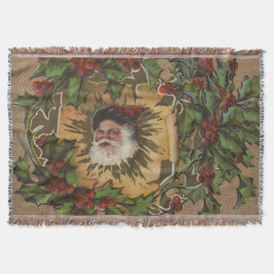 Vintage Santa Antique Holly Christmas Throw Blanket