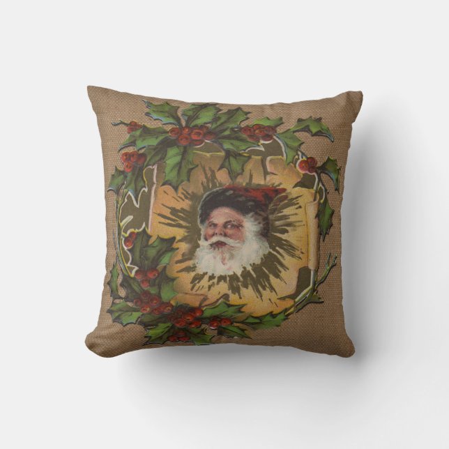Vintage Santa Antique Holly Christmas Throw Pillow (Front)