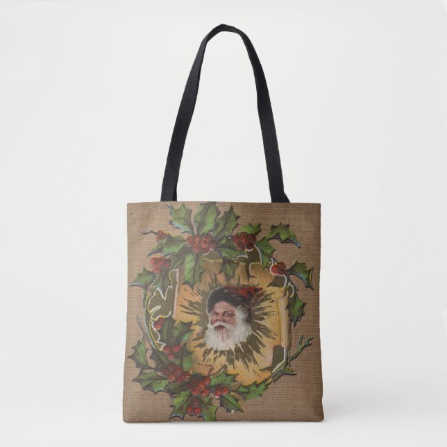 Vintage Santa Antique Holly Christmas Tote Bag (Front)