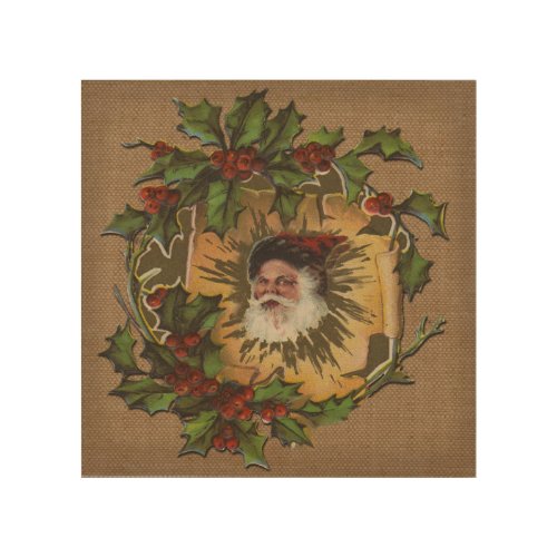 Vintage Santa Antique Holly Christmas Wood Wall Decor