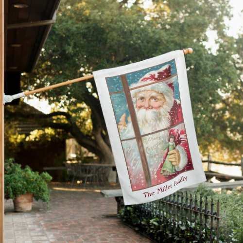 Vintage Santa at Snowy Window House Flag